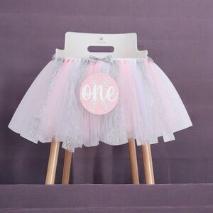 Decor Pink Silver “One” Birthday Decoration Highchair – 1st Birthday Party Girl
